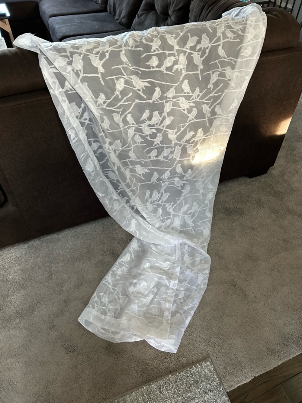 Sheer White Bird Pattern Curtain Panel